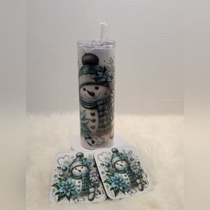 Snowman 20oz Tumbler With Lid and Straw and 2 Coasters